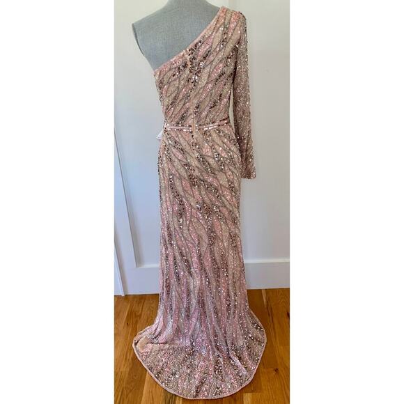 MacDuggal One Shoulder Sequin Gown Maxi in Pink/Silver Size 8 Beaded Long Sleeve - Picture 3 of 9